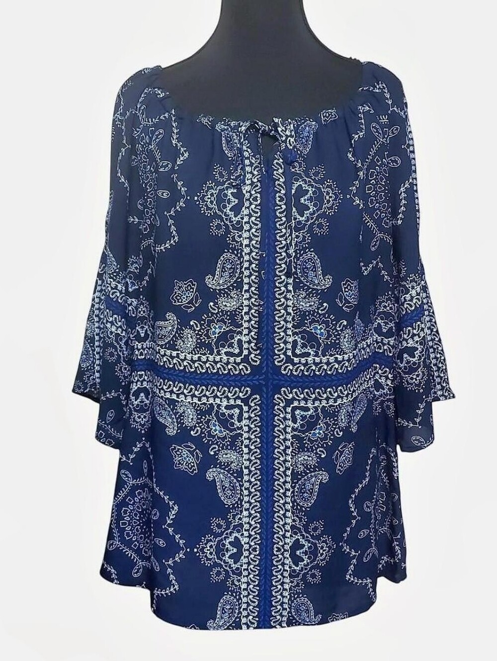 Vtg Y2k Westport Top Womens XS Blue Long Blouse Boho Paisley Drawstring Whimsy